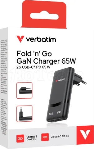 Photo de Chargeur secteur Verbatim Fold'n'Go GaN 2x USB-C 65W (Noir)