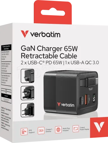 Photo de Chargeur secteur Verbatim GaN 1x ports USB-A + 1x port USB-C 65W (Noir)