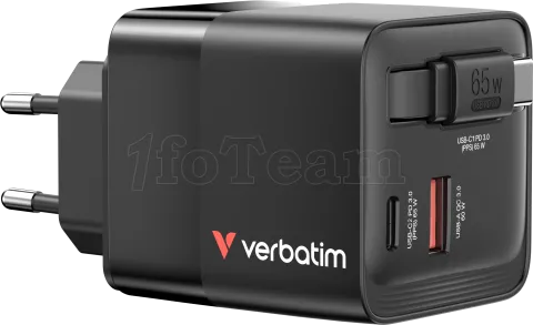 Photo de Chargeur secteur Verbatim GaN 1x ports USB-A + 1x port USB-C 65W (Noir)