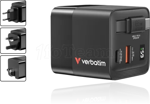 Photo de Chargeur secteur Verbatim GaN 1x ports USB-A + 1x port USB-C 65W (Noir)