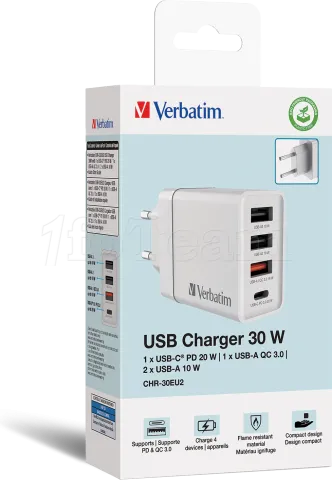 Photo de Chargeur secteur Verbatim GaN 3x ports USB-A + 1x port USB-C 30W (Blanc)