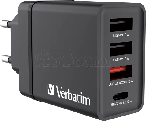 Photo de Chargeur secteur Verbatim GaN 3x ports USB-A + 1x port USB-C 30W (Noir)