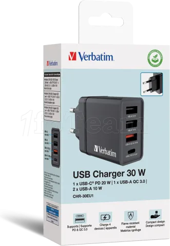 Photo de Chargeur secteur Verbatim GaN 3x ports USB-A + 1x port USB-C 30W (Noir)