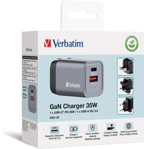 Photo de Chargeur secteur Verbatim GNC 1x port USB-A + 1x port USB-C 35W (Noir)