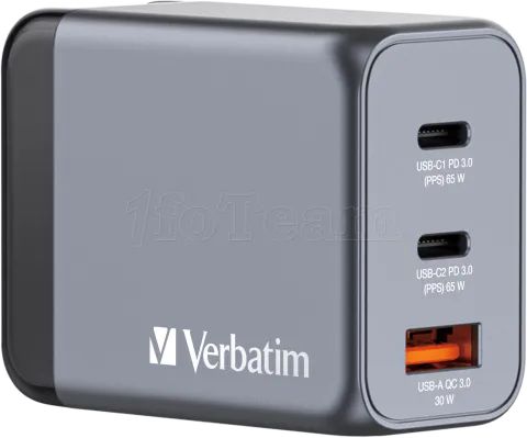 Photo de Chargeur secteur Verbatim GNC 1x port USB-A + 2x ports USB-C 65W (Noir)