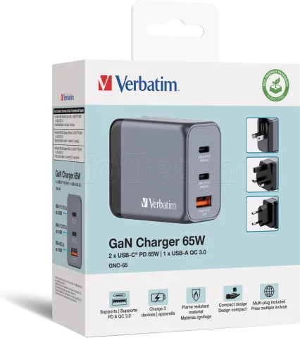 Photo de Chargeur secteur Verbatim GNC 1x port USB-A + 2x ports USB-C 65W (Noir)