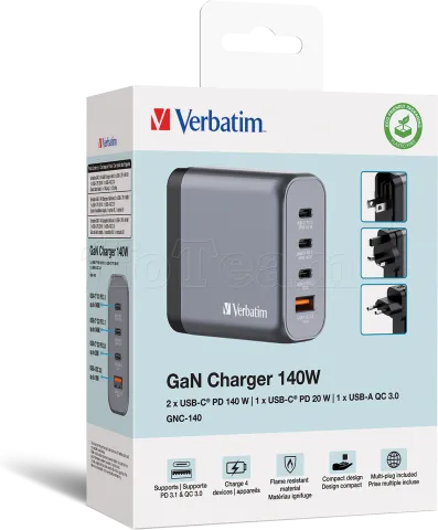 Photo de Chargeur secteur Verbatim GNC 1x port USB-A + 3x ports USB-C 140W (Noir)