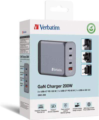 Photo de Chargeur secteur Verbatim GNC 1x port USB-A + 3x ports USB-C 200W (Noir)