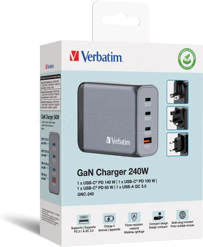 Photo de Chargeur secteur Verbatim GNC 1x port USB-A + 3x ports USB-C 240W (Noir)