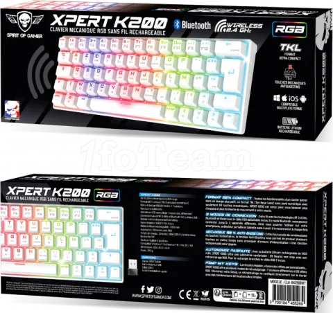 Photo de Clavier Gamer sans fil Bluetooth mécanique (Red Switch) Spirit of Gamer Xpert K200 TKL RGB (Blanc)