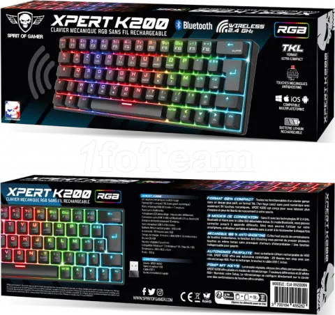 Photo de Clavier Gamer sans fil Bluetooth mécanique (Red Switch) Spirit of Gamer Xpert K200 TKL RGB (Noir)