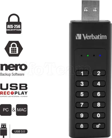 Photo de Clé USB 3.2 sécurisée Verbatim - 128Go (Noir)