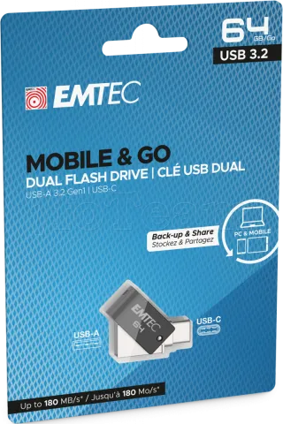 Photo de Clé USB 3.2 Type A/C Emtec T260C Mobile & Go - 64Go (Noir)
