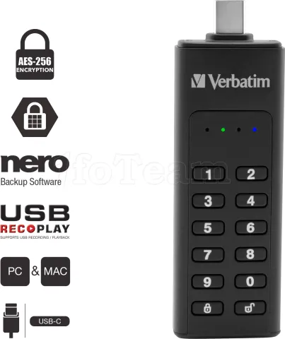 Photo de Clé USB 3.2 Type C sécurisée Verbatim - 32Go (Noir)