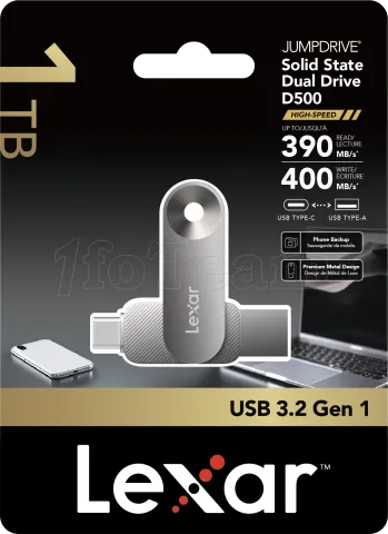 Photo de Clé USB-A/C 3.2 Lexar JumpDrive SSDual Drive D500 - 1To (Noir)