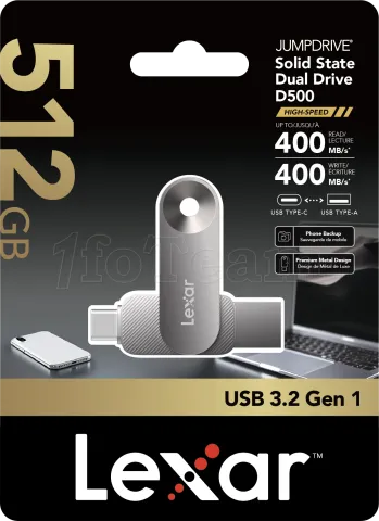 Photo de Clé USB-A/C 3.2 Lexar JumpDrive SSDual Drive D500 - 512Go (Noir)