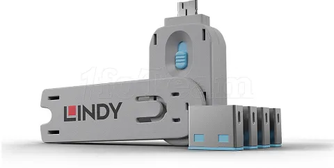 Photo de Clé USB Lindy et 4 bloqueurs de ports USB-A (Gris/Bleu)