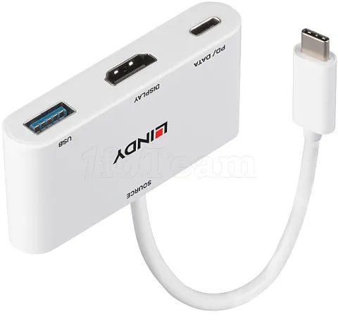 Photo de Convertisseur Lindy USB C mâle vers HDMI femelle & USB A + C femelle (Blanc)