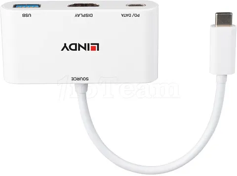 Photo de Convertisseur Lindy USB C mâle vers HDMI femelle & USB A + C femelle (Blanc)