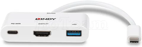Photo de Convertisseur Lindy USB C mâle vers HDMI femelle & USB A + C femelle (Blanc)