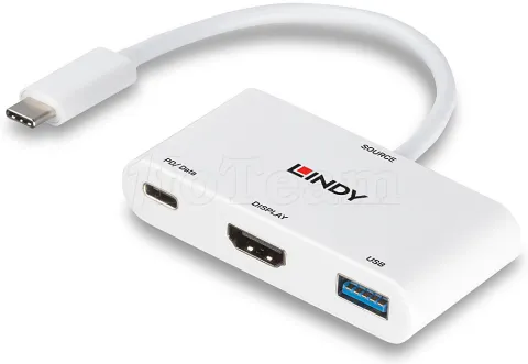 Photo de Convertisseur Lindy USB C mâle vers HDMI femelle & USB A + C femelle (Blanc)