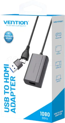 Photo de Convertisseur Vention USB-C / USB-A mâle vers HDMI femelle 0.15m (Noir)