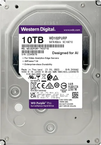 Photo de Disque Dur 3,5" Western Digital Purple Pro 10To 512Mo - S-ATA