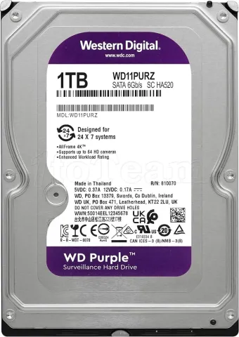 Photo de Disque Dur 3,5" Western Digital Purple Surveillance 1To 64Mo - S-ATA