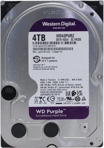 Photo de Disque Dur 3,5" Western Digital Purple Surveillance 4To 256Mo - S-ATA