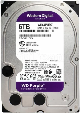 Photo de Disque Dur 3,5" Western Digital Purple Surveillance 6To 256Mo - S-ATA