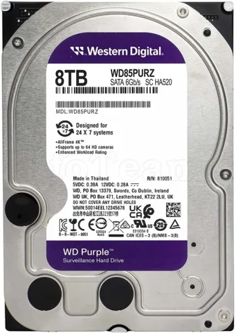 Photo de Disque Dur 3,5" Western Digital Purple Surveillance 8To 256Mo - S-ATA
