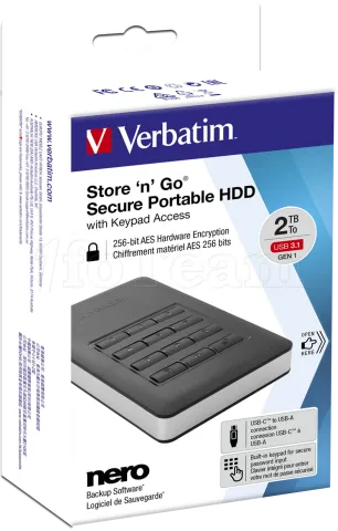 Photo de Disque Dur externe sécurisé Verbatim Store'N'Go Secure Portable - 2To  (Noir)