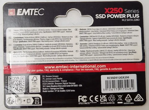 Photo de Disque SSD Emtec X250 512Go - SATA M.2 Type 2280 - SN 202310010154 - ID 201237