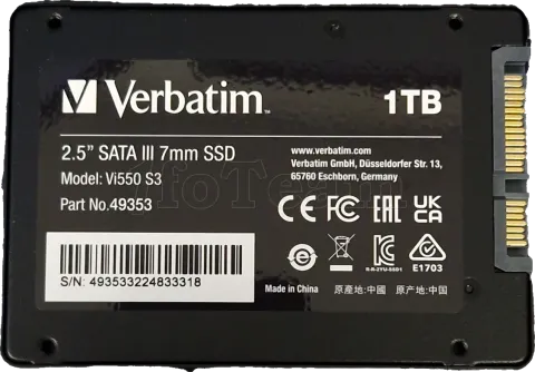 Photo de Disque SSD Verbatim Vi550 S3 1To  - S-ATA 2,5" - SN 493533224833318 - ID 197295