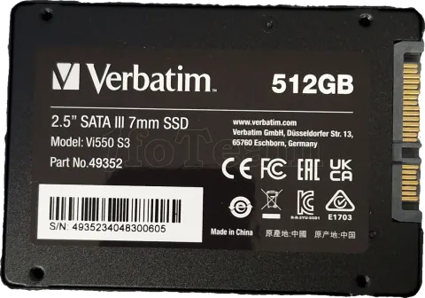 Photo de Disque SSD Verbatim Vi550 S3 512Go - S-ATA 2,5" - SN 4935234048300605 - ID 197791