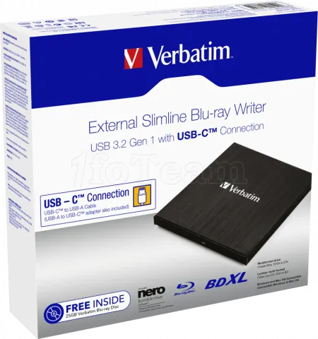 Photo de Graveur Blu-Ray externe USB-C Verbatim Slimline (Noir)