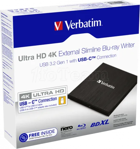 Photo de Graveur Blu-Ray externe USB-C Verbatim Slimline Ultra HD 4K (Noir)