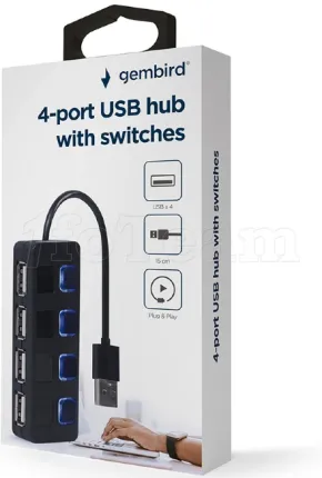 Photo de Hub USB 2.0 Gembird - 4 ports avec interrupteurs (Noir)