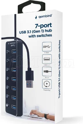 Photo de Hub USB 3.1 Gembird - 7 ports avec interrupteurs (Noir)