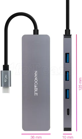 Photo de Hub USB-C 3.0 Nanocable - 3x USB-A et 1x USB-C (Gris)