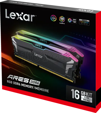 Photo de Kit Barrettes mémoire 16Go (2x8Go) DIMM DDR4 Lexar Ares RGB  3600Mhz (Noir)