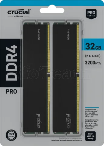 Photo de Kit Barrettes mémoire 32Go (2x16Go) DIMM DDR4 Crucial Pro  3200Mhz (Noir)