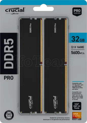 Photo de Kit Barrettes mémoire 32Go (2x16Go) DIMM DDR5 Crucial Pro  5600MHz (Noir)