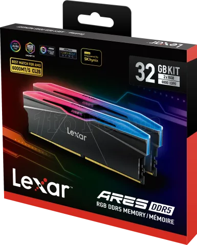 Photo de Kit Barrettes mémoire 32Go (2x16Go) DIMM DDR5 Lexar Ares 2nd Gen RGB 6000MHz CL30 (Noir)