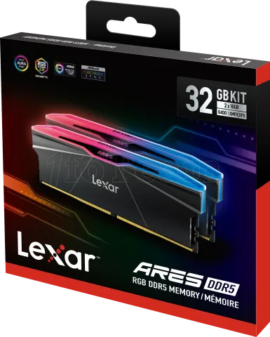 Photo de Kit Barrettes mémoire 32Go (2x16Go) DIMM DDR5 Lexar Ares 2nd Gen RGB 6400MHz C32 (Noir)
