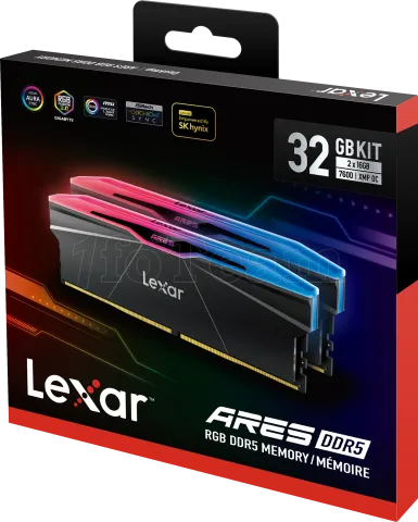 Photo de Kit Barrettes mémoire 32Go (2x16Go) DIMM DDR5 Lexar Ares 2nd Gen RGB 7600MHz (Noir)