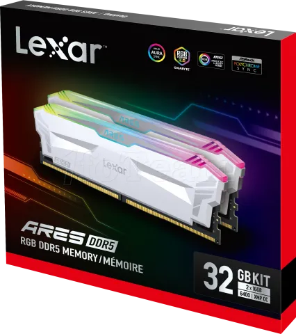 Photo de Kit Barrettes mémoire 32Go (2x16Go) DIMM DDR5 Lexar Ares RGB  6400MHz (Blanc)