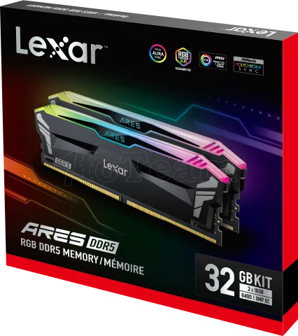 Photo de Kit Barrettes mémoire 32Go (2x16Go) DIMM DDR5 Lexar Ares RGB  6400MHz (Noir)