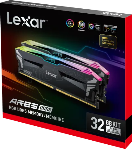 Photo de Kit Barrettes mémoire 32Go (2x16Go) DIMM DDR5 Lexar Ares RGB 6800MHz (Noir)