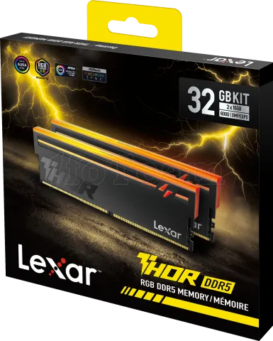 Photo de Kit Barrettes mémoire 32Go (2x16Go) DIMM DDR5 Lexar Thor 2nd Gen RGB 6000MHz CL38 (Noir)